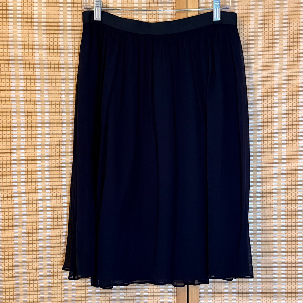 Navy Blue Pleated Chiffon Midi Skirt 8 Grosgrain Waistband Lined Whimsigoth